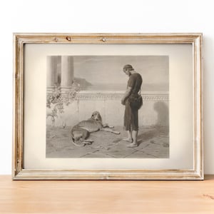 May include: A framed monochromatic art print depicting a person in a tunic standing before a large dog lying on a stone terrace. The scene includes classical architectural columns and a distant sea view, all enclosed in a light wood frame.