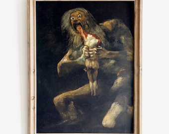 May include: A painting depicting a large, grotesque figure with a long white beard, holding a smaller figure in its hands. The larger figure has its mouth open, revealing a bloody interior. The painting is dark and shadowy, with a sense of horror and violence.