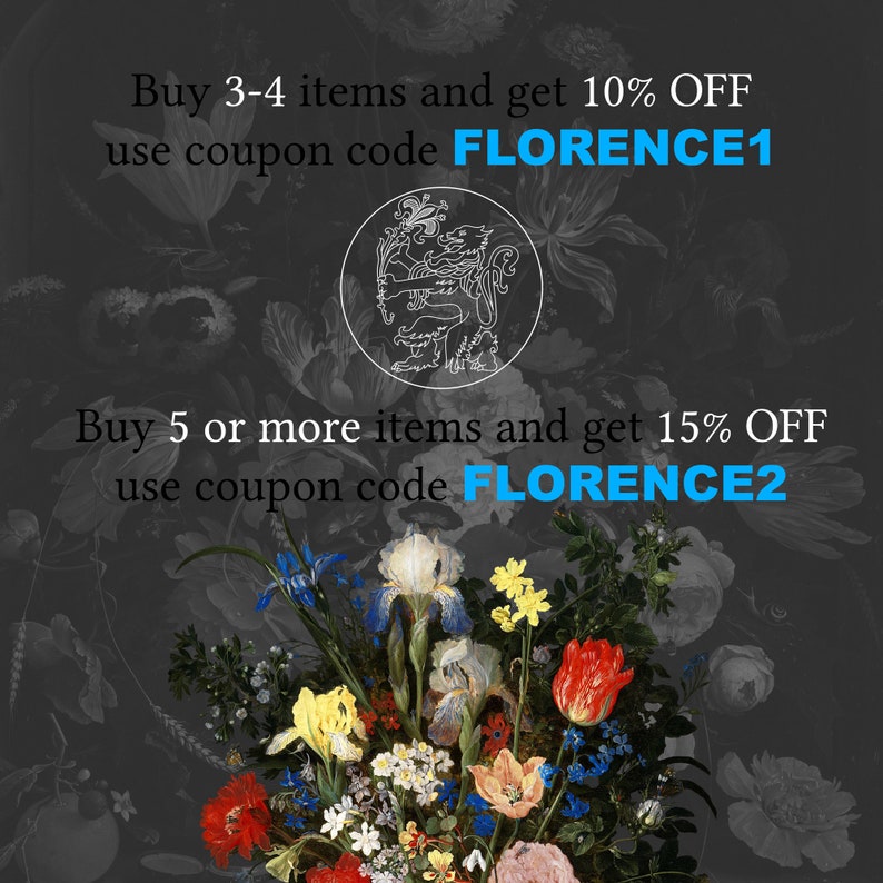 May include: A floral arrangement with a variety of flowers, including irises, tulips, and roses. The flowers are arranged in a vase and are set against a dark background. The image also includes text that reads "Buy 3-4 items and get 10% OFF use coupon code FLORENCE1 Buy 5 or more items and get 15% OFF use coupon code FLORENCE2".