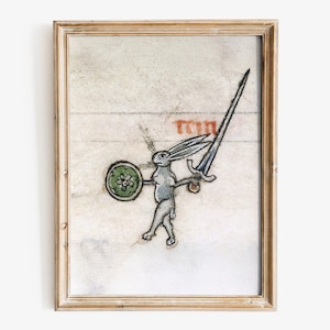 Medieval Warrior Rabbit Art Print, Medieval weird art, Medieval marginalia