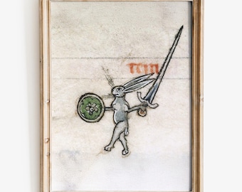 Medieval Warrior Rabbit Art Print, Medieval weird art, Medieval marginalia