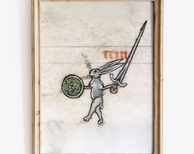 Medieval Warrior Rabbit Art Print, Medieval weird art, Medieval marginalia