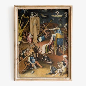 May include: A detailed oil painting depicting a scene of chaos and disorder. The painting is filled with figures, both human and animal, engaged in various activities. The overall tone of the painting is one of confusion and despair.