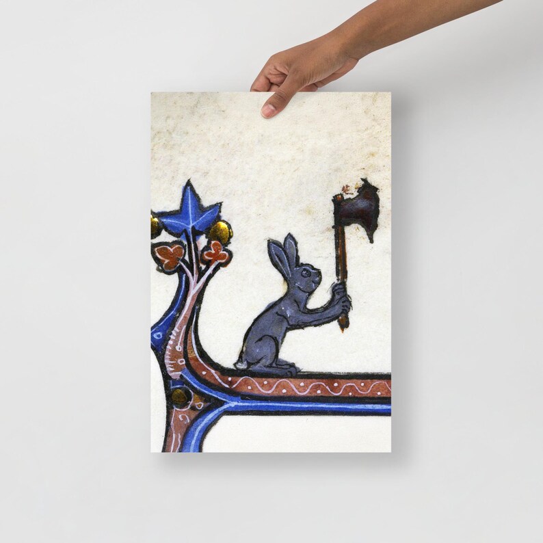 Medieval Axe Bunny Art Print, Medieval weird art, Medieval marginalia
