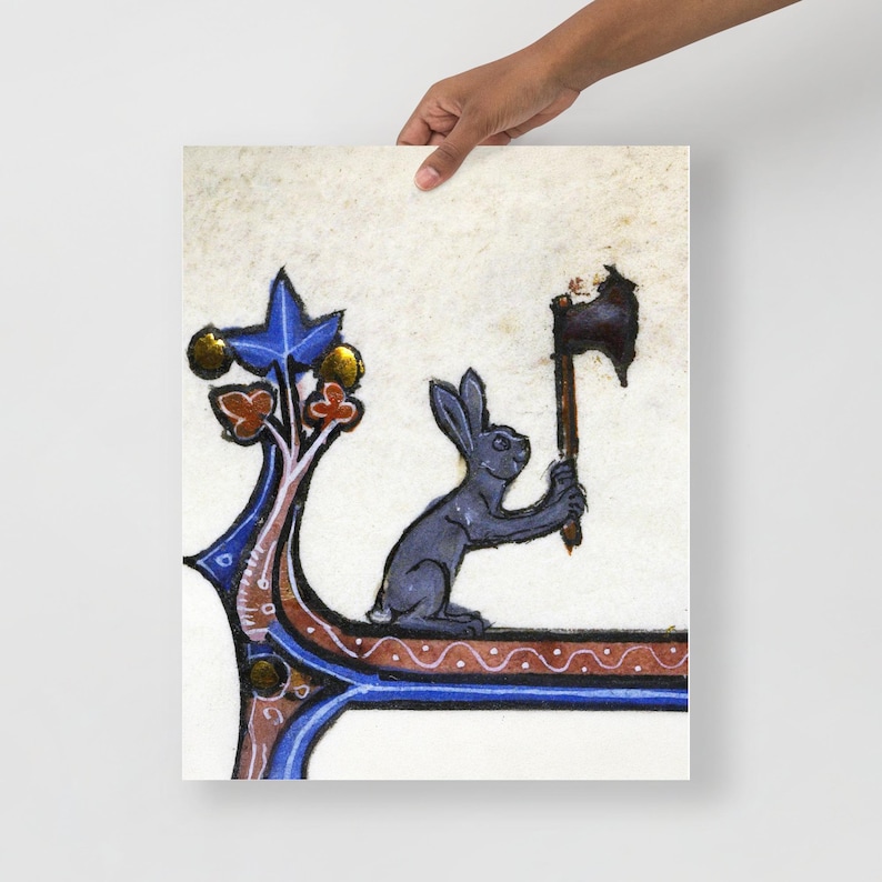Medieval Axe Bunny Art Print, Medieval weird art, Medieval marginalia