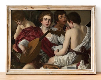 May include: A painting of four people playing music. The person in the center is playing a lute, while the person on the right is singing. The person on the left is holding a bunch of grapes, and the person in the back is playing a string instrument.