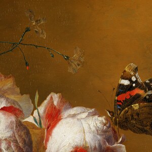 May include: A close-up of a still life painting featuring a white rose with red accents, a butterfly with red, white, and black markings, and a brown stem with a small white flower.