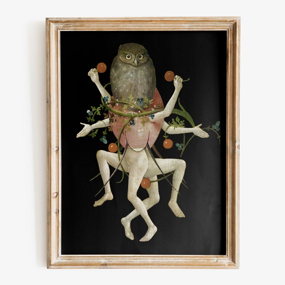 フクロウの絵 ヒエロニムス・ボス - 踊るフクロウのアートプリント、快楽の園