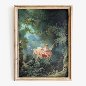 May include: A framed oil painting depicting a woman swinging on a rope swing in a lush green forest. The woman is wearing a pink dress and a white hat. Two figures are visible in the background, one standing and one sitting.