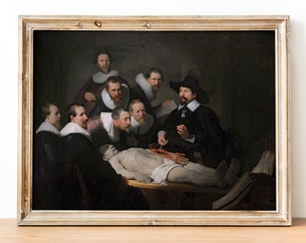 May include: A framed oil painting depicting a group of men gathered around a table, observing a dissected body. The men are dressed in 17th-century attire, and the scene is lit by a single candle. The painting is set against a dark background.