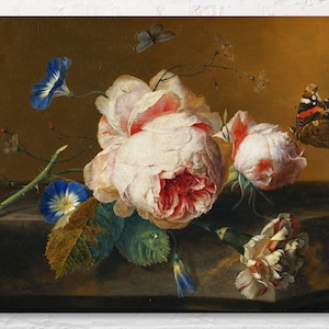 May include: A still life painting featuring a bouquet of white and pink roses, blue morning glories, and a red admiral butterfly. The flowers are arranged on a dark brown surface with a few green leaves.