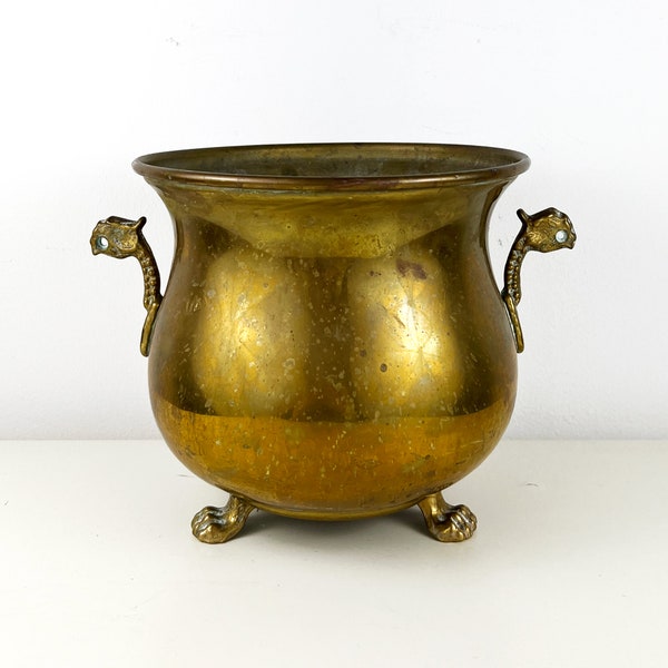 Antique Brass Planter with Dragon Handles, Footed Jardiniere Pot, Victorian flower pot, Gold planter