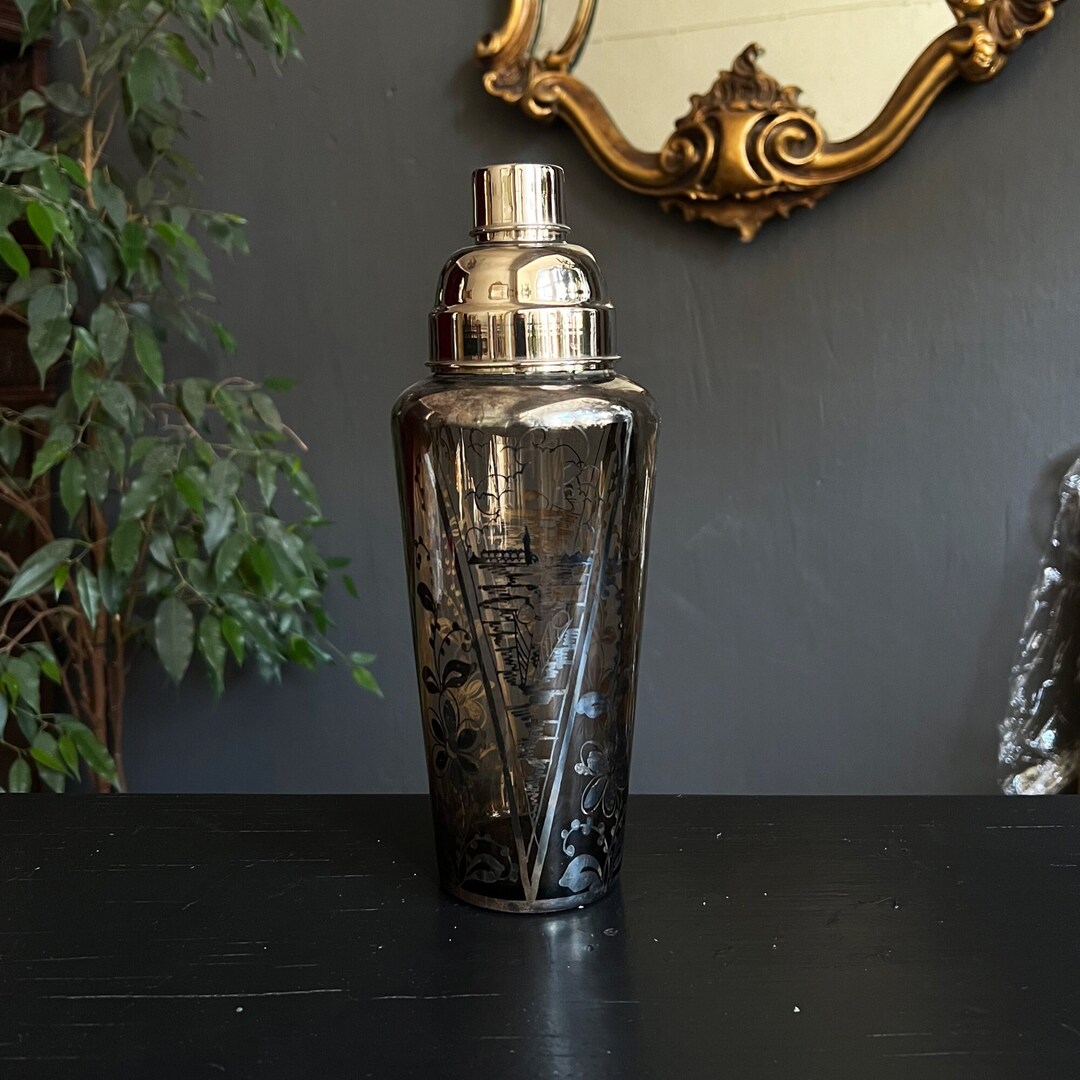Vintage Glass Cocktail Shaker With Silver Overlay Martini Etsy