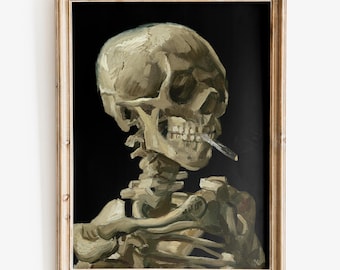 May include: A framed painting of a skull with a cigarette in its mouth. The skull is painted in a realistic style with a dark background. The painting is framed in a simple wooden frame.