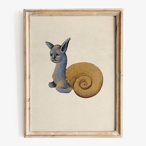 Weird Medieval Cat snail Art Print, Medieval marginalia wall art