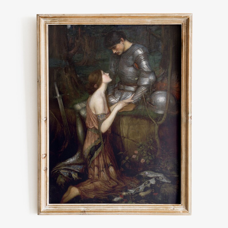 Puede incluir: Una pintura de un caballero con armadura arrodillado ante una mujer con un vestido fluido. El caballero est&aacute; sosteniendo la mano de la mujer y la mira con una expresi&oacute;n tierna. La mujer est&aacute; mirando al caballero con una suave sonrisa. La pintura est&aacute; ambientada en un bosque con &aacute;rboles y follaje en el fondo.