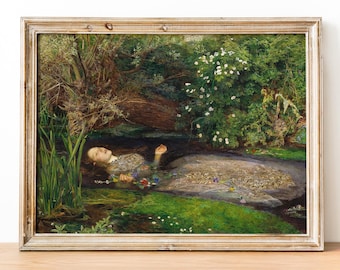 May include: A framed oil painting depicting a person lying in a stream surrounded by lush green vegetation, tall reeds, and white flowers. The person wears a detailed, textured garment adorned with colorful floral accents while floating in water.