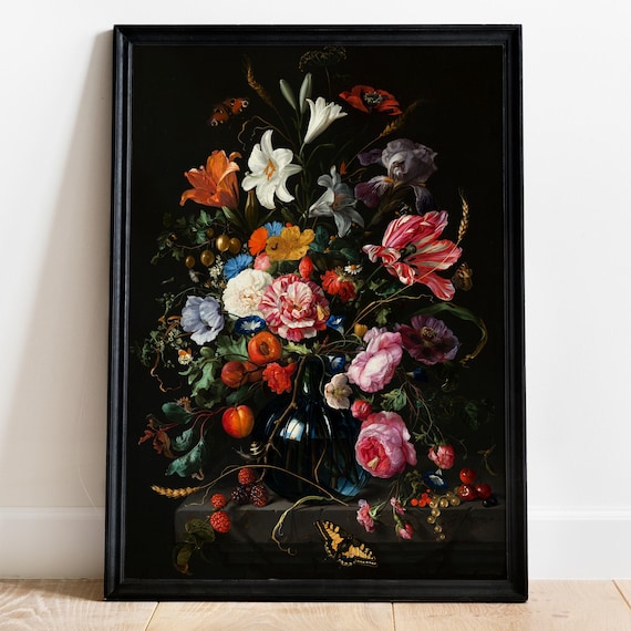 Flowers on Black Background Art Print, Dark Floral Poster