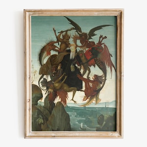 May include: A framed painting depicting a scene of a man being tormented by demons. The man is dressed in a black robe and is surrounded by winged creatures with sharp claws and teeth. The painting is set against a backdrop of a blue sky and a distant landscape.