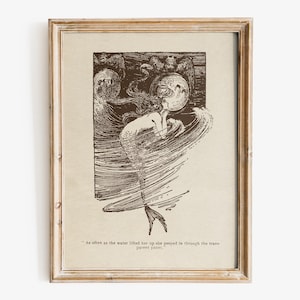 May include: A framed sepia-toned print featuring a mermaid in swirling water, with long flowing hair and a fish tail. The artwork includes the quote: "As often as the water lifted her up she peeped in through the transparent panes."
