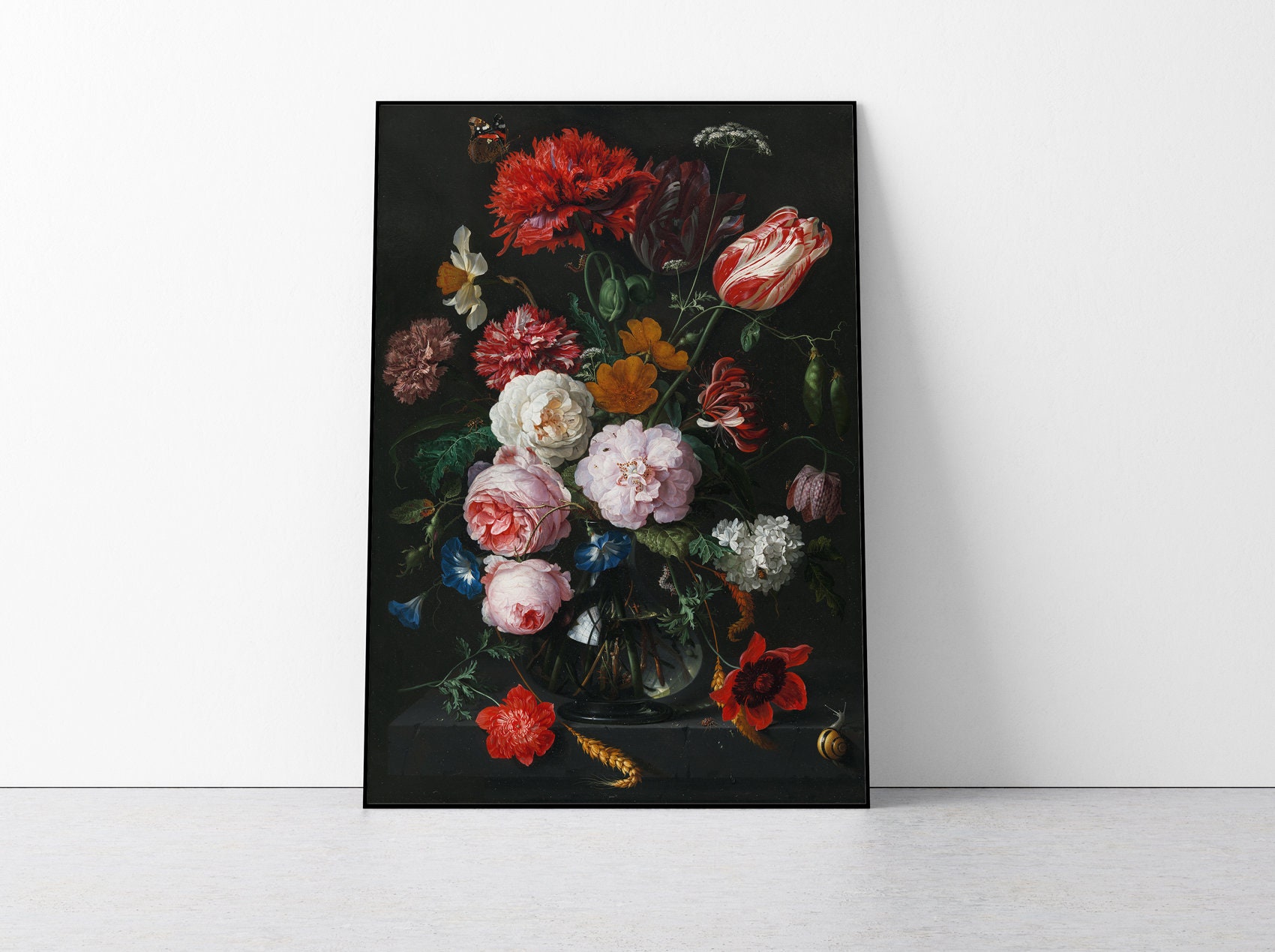 Dutch Flower Painting Print, Dark Floral Art Poster, Black Background Floral Art Print, Classic Art Reproduction