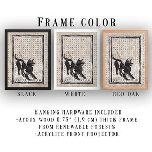May include: Three framed prints of a black and white illustration of a dog with the text "CAVE CARE M" on a beige background. The frames are black, white, and red oak.
