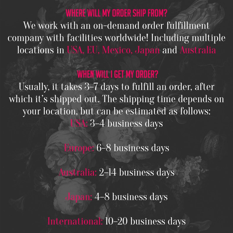 May include: A black and white image with pink text that states "WHERE WILL MY ORDER SHIP FROM?" and "WHEN WILL I GET MY ORDER?" The text explains that the company ships orders from multiple locations worldwide, including the USA, EU, Mexico, Japan, and Australia. The text also lists estimated shipping times for each location.