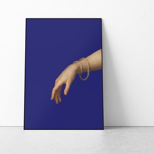 Renaissance Hand with Pearl bracelet Art Print, Blue Background Minimalist Wall Art, Modern Wall Art image 2