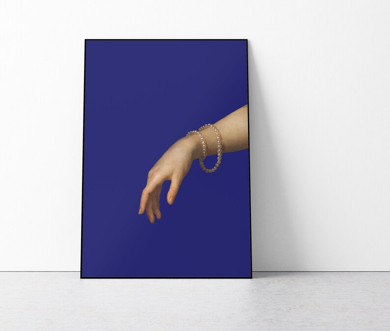 Renaissance Hand with Pearl bracelet Art Print, Blue Background Minimalist Wall Art, Modern Wall Art image 2