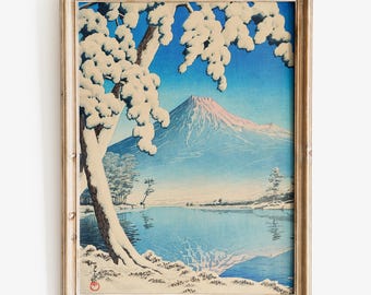 Impresión artística de nieve Ukiyoe, Hasui Kawase - Despeje tras una nevada en el monte Fuji, Playa Tagonoura. Impresión artística de calidad museística.