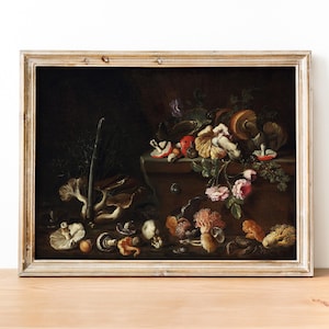 Simone Del Tintore - Still Life With Mushrooms And Flowers art print, Moody wall art