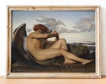 May include: A painting of a fallen angel with large, dark wings. The angel is lying on a rock with a sorrowful expression on their face. The background is a light blue sky with clouds and other angels.