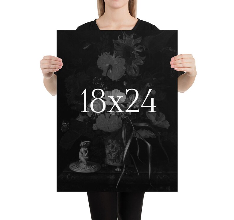 May include: Black and white print of a still life featuring a vase of flowers, a small statue, and the text "18x24".