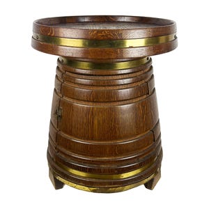 Vintage Coopered oak Bar Cabinet, Barrel shaped mini bar with table top