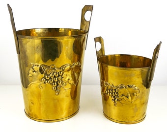 Set of 2 Vintage Brass Buckets or Planters, Embossed Gold Champagne Bucket, Flower Pot