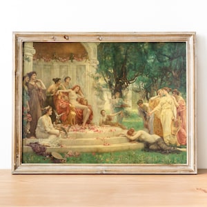 Puede incluir: Una impresión enmarcada de una pintura clásica que representa un grupo de figuras en un jardín. La obra de arte presenta una figura central reclinada en un trono, rodeada de otras figuras con túnicas fluidas. La paleta de colores incluye verdes suaves, rojos y cremas.