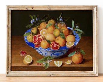 Naturaleza muerta con limones, naranjas y una impresión de arte de granada, impresión de bellas artes