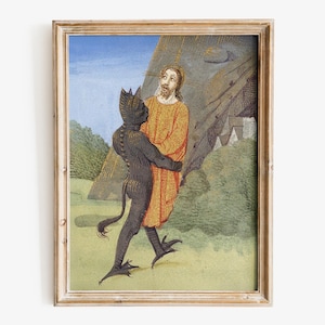 Medieval Art Print, Medieval Devil carrying Jesus, Medieval weird art, Medieval marginalia