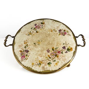 Antique Porcelain tray with brass frame, handles and feet, Painted Floral motif cake stand