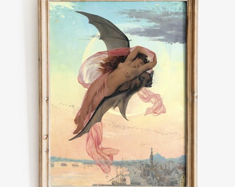 Op de afbeelding: Een schilderij van een vrouw met vleugels die door de lucht vliegt. Ze draagt een roze jurk en heeft lang, golvend haar. De achtergrond is een stadsgezicht met een maan aan de hemel.