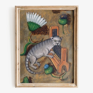 Medieval Cat playing organ art print, Weird medieval art, Medieval marginalia fine art print