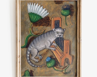 Medieval Cat playing organ art print, Weird medieval art, Medieval marginalia fine art print