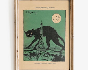 Frühling in Paris Kunstdruck, Fine Art Print in Museumsqualität, Schwarze Katze Art-Deco-Kunst