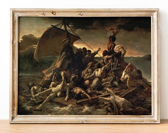 May include: A painting depicting a dramatic scene of a shipwreck. The painting shows a group of people clinging to the wreckage of a ship, with waves crashing around them. The painting is done in a realistic style, with a focus on the human figures and their expressions of fear and desperation.