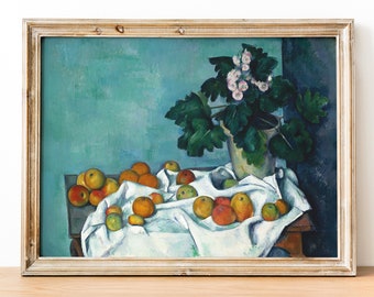 ポール・セザンヌ：リンゴとサクラソウの鉢のある静物画（1890年頃