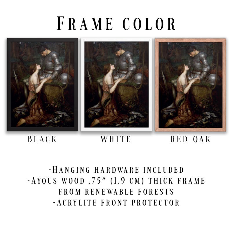Puede incluir: Una impresi&oacute;n enmarcada de una pintura que representa a un caballero y una mujer en un entorno de bosque. El marco est&aacute; disponible en negro, blanco o roble rojo. El marco tiene 1,9 cm de grosor y est&aacute; hecho de madera de ayous de bosques renovables. La impresi&oacute;n est&aacute; protegida por un protector frontal de acrylite.