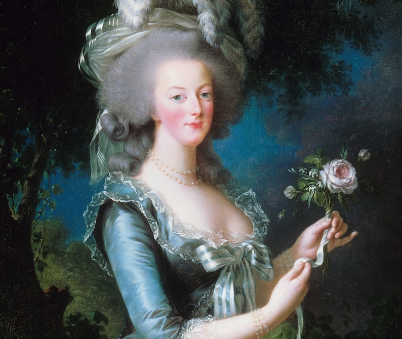 May include: A portrait painting of a woman in a blue dress with a white lace collar and a white and blue ribbon tied at the waist. She is wearing a white wig with a white feathered hat and a pearl necklace. She is holding a bouquet of white roses in her right hand.