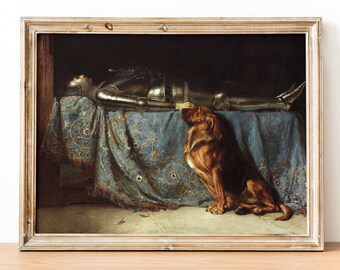 May include: A framed print of a painting showing a knight in armour resting on a table draped with a blue cloth. A brown dog sits beside the table. The frame is made of light, distressed wood.