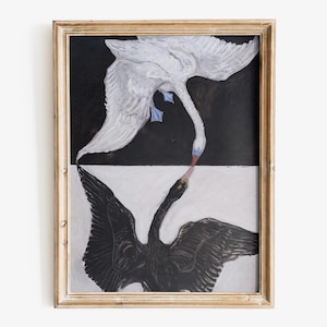Puede incluir: Una impresión enmarcada de una pintura en blanco y negro que representa dos cisnes. Los cisnes se miran con el cuello entrelazado. El cisne de arriba es blanco y el cisne de abajo es negro. El fondo es un patrón de cuadros blanco y negro.