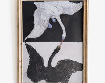 Op de afbeelding: Een ingelijste print van een zwart-wit schilderij met twee zwanen. De zwanen kijken elkaar aan met hun nekjes in elkaar gevlochten. De bovenste zwaan is wit en de onderste zwaan is zwart. De achtergrond is een zwart-wit geruit patroon.